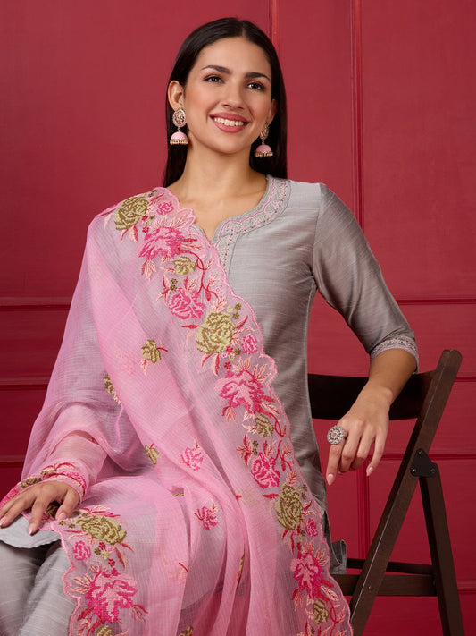 Pink Embroidered Pure Kota Cotton Dupatta with Scallops