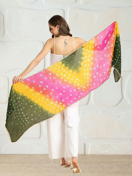 Pink, Green & Yellow Bandhini Blended Silk Stole with Gold Border