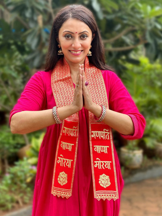 Women's Ganpati Bappa Morya Stole in Red and Gold
