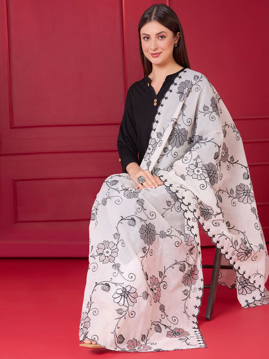 Off White & Black Embroidered Chanderii Dupatta with Floral Embroidery