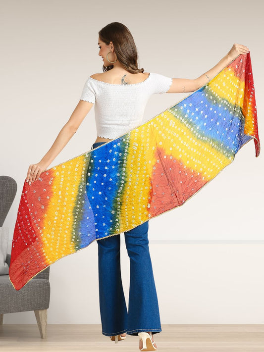 Red, Blue & Yellow Bandhini Blended Silk Stole with Gold Border