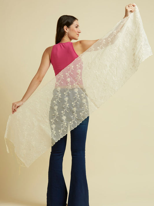 Cream Embroidered Stole in Blended Cotton