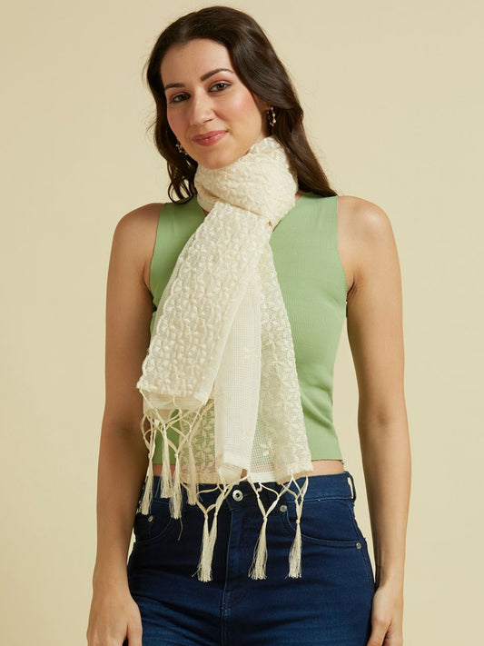 Cream Embroidered Stole in Blended Cotton