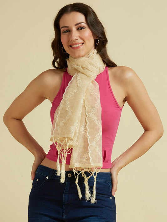 Beige Embroidered Stole in Blended Cotton