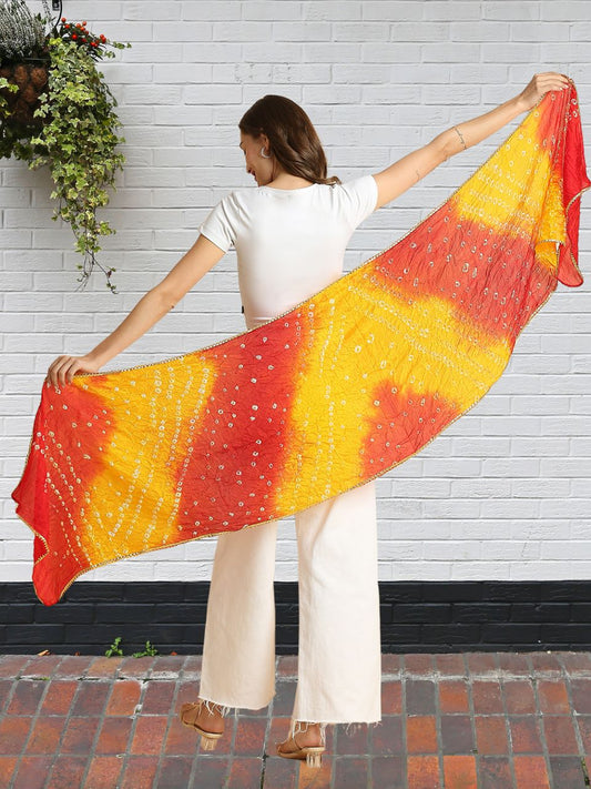 Red & Yellow Bandhini Blended Silk Stole with Gold Border