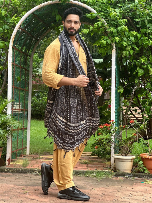 Men's Printed Black Art Silk Dupatta for Kurta/Sherwani/Achkan
