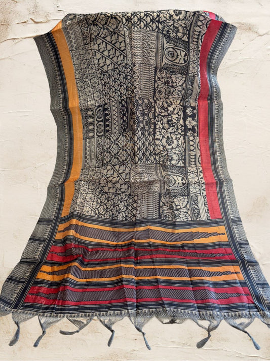 Black & Beige Ethnic Floral MotifPrinted Art Silk Stole/Scarf