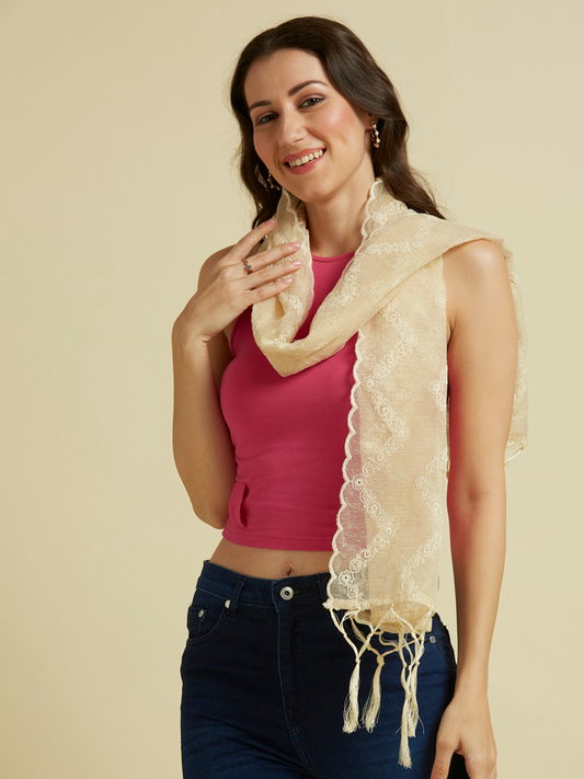 Beige Embroidered Stole in Blended Cotton