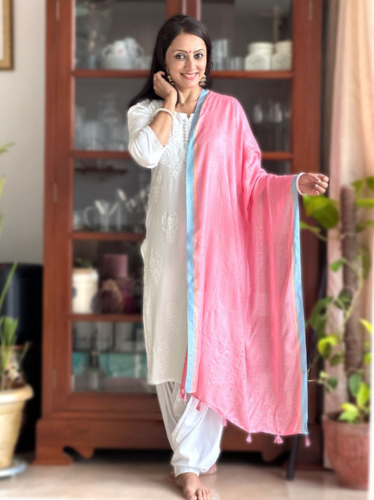All over Sequins Contrast Border Pink Stole