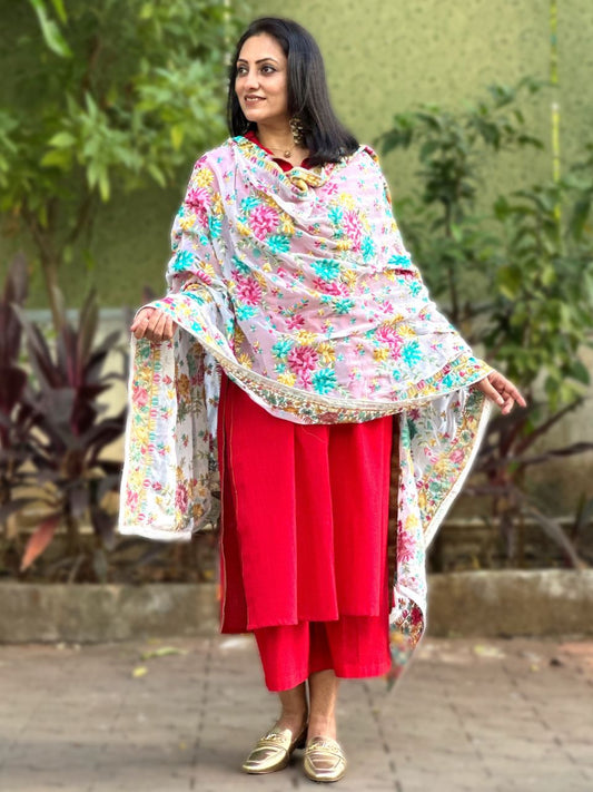 Floral Embroidered White & Multi Georgette Dupatta