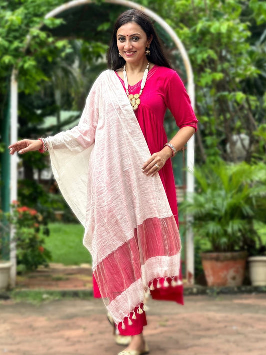 Cream Linen Dupatta with Organza Border and Tassels