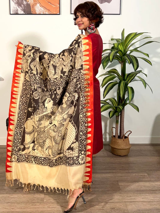 Beige & Black Hand Painted Kalamkari Pure Chennur Silk Dupatta