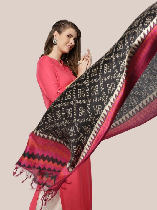 Black & Pink Printed Art Silk Dupatta