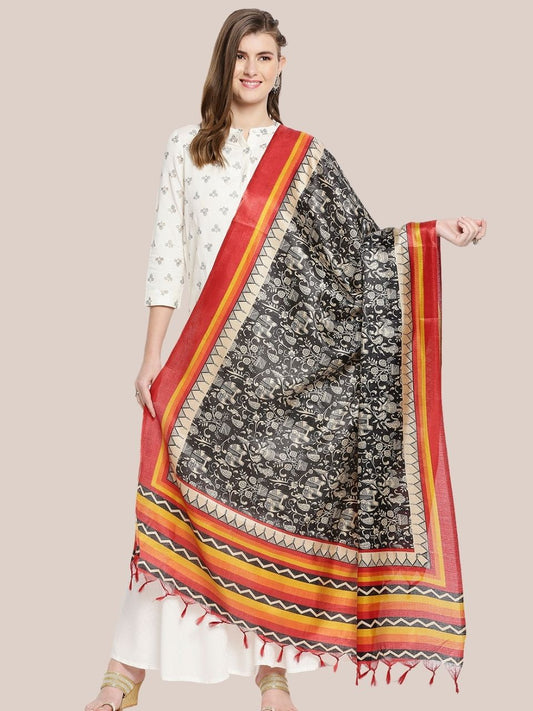 Ethnic Black and White Printed Art Silk Dupatta
