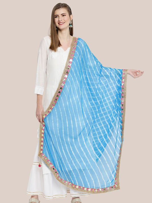 Turquoise Blue Leharia Georgette Dupatta with Gotta Patti Border