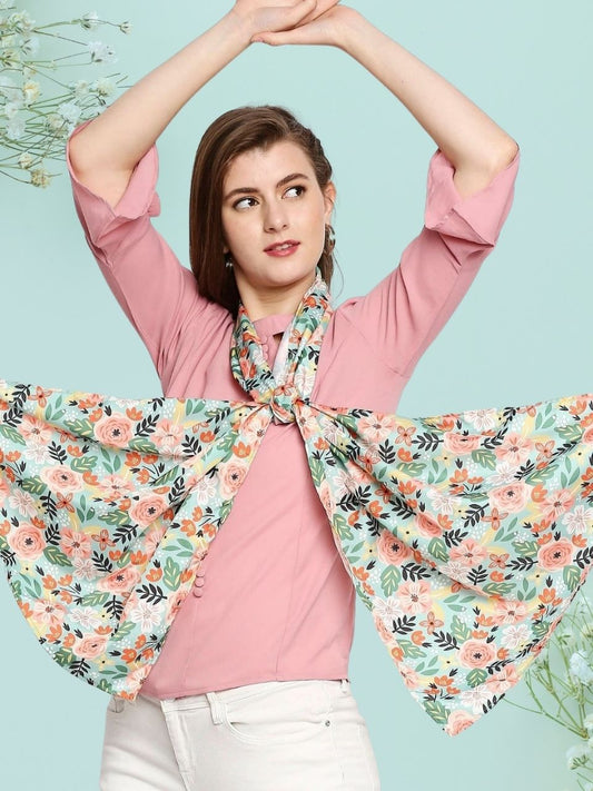 Quirky Floral Pastel Green Printed French Crepe Scarf/Stole