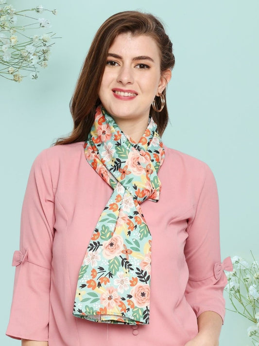Quirky Floral Pastel Green Printed French Crepe Scarf/Stole