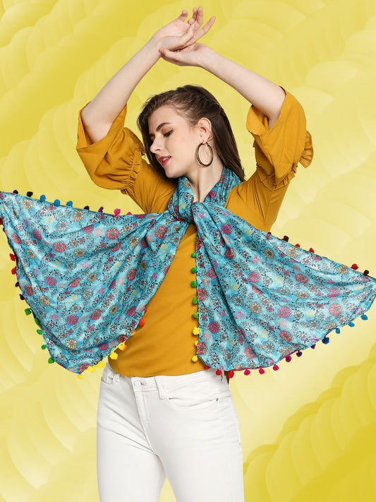 Quirky Floral Printed Peacock Blue Muslin Cotton Scarf/Stole