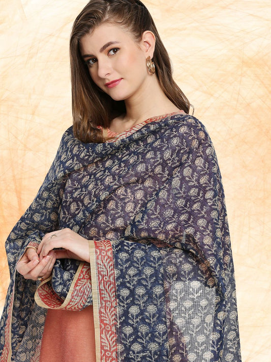Navy Blue & Beige Hand Block Printed Chanderi Dupatta