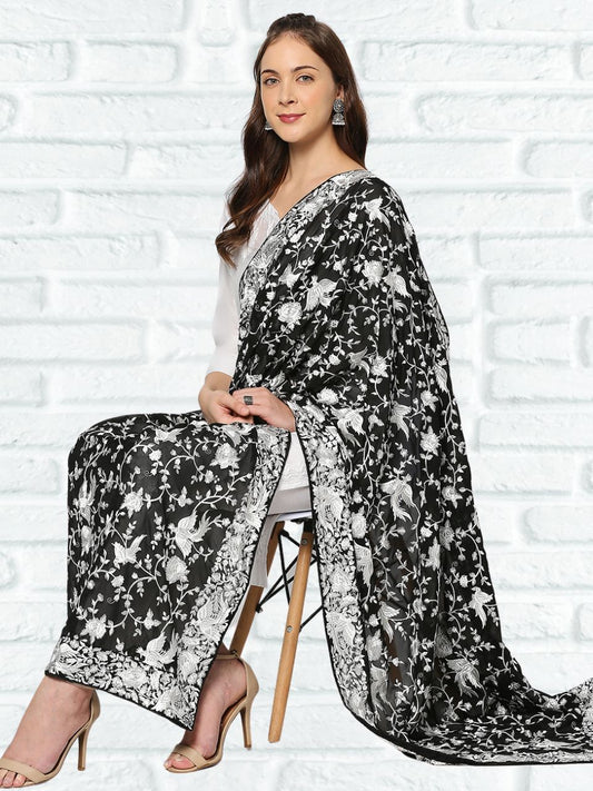 Embroidered Parsi Gara Work Georgette Dupatta White Thread Work