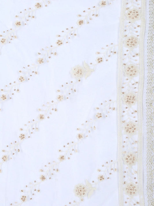 Floral Embroidered Off White & Gold Net Dupatta
