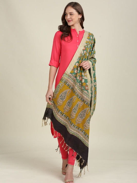 Kalamkari Mangalgiri Green & Mustard Cotton Dupatta