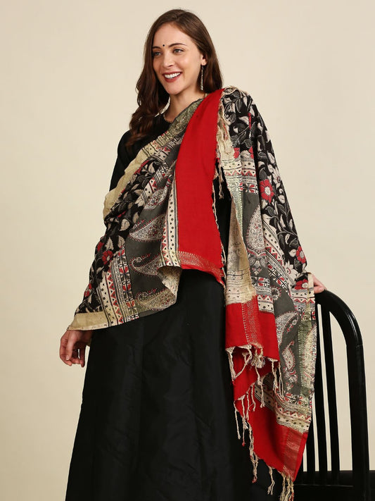 Kalamkari Mangalgiri Black & Coral Cotton Dupatta