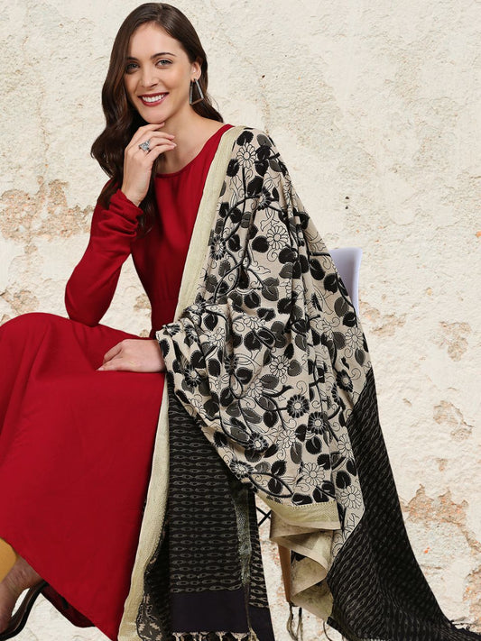 Kalamkari Mangalgiri Black & Beige Cotton Dupatta