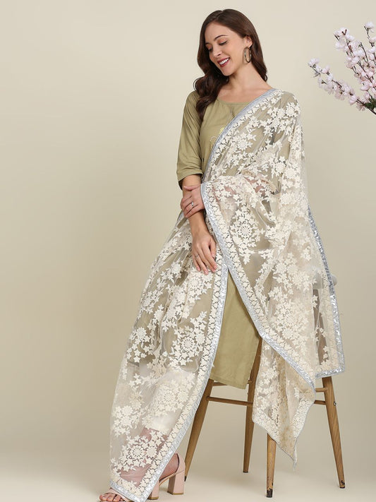 Off White Embroidered Net dupatta with Silver dupatta