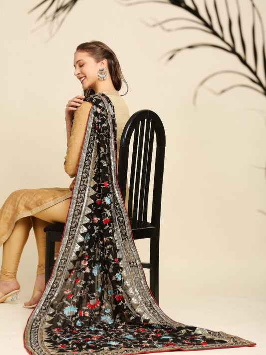 Black & Multicolour Embroidered Georgette Dupatta