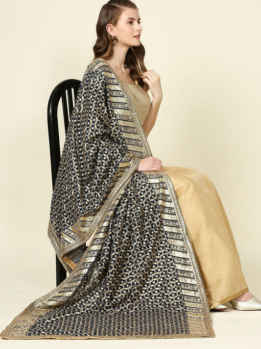 Peacock Blue Georgette Dupatta with Heavy Embroidery
