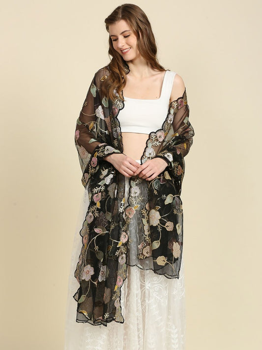 Floral Embroidered Black Net Dupatta With Cutwork Border