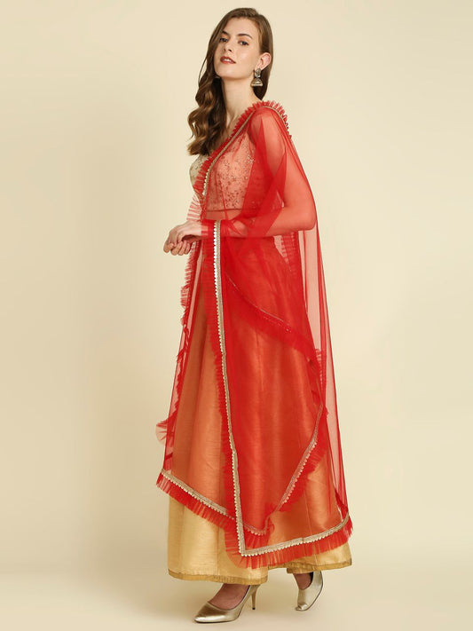 Embellished Red Net Dupatta with Ruffle Lace