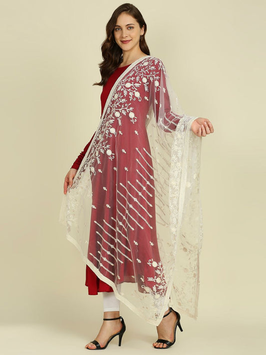 Embroidered Off White Net Dupatta