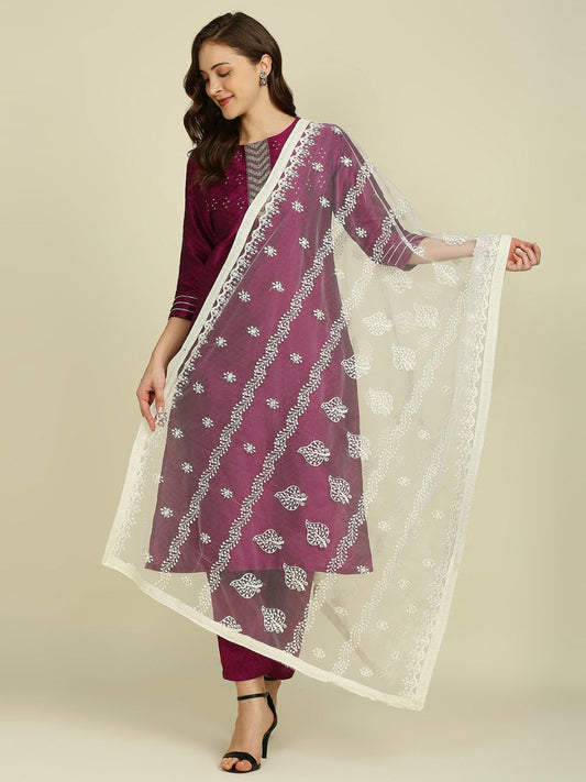 Floral Embroidered Off White Net Dupatta
