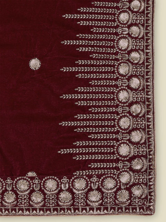 Embroidered Maroon Velvet Dupatta