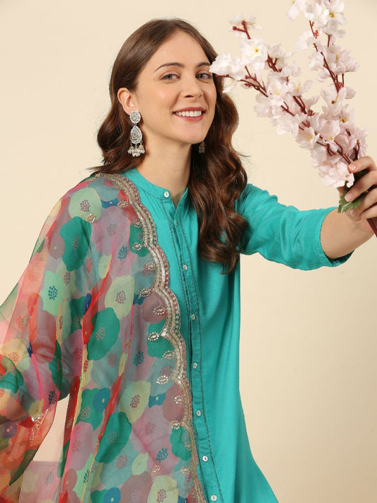 Multicolour Floral Printed Organza Dupatta with Embellished border