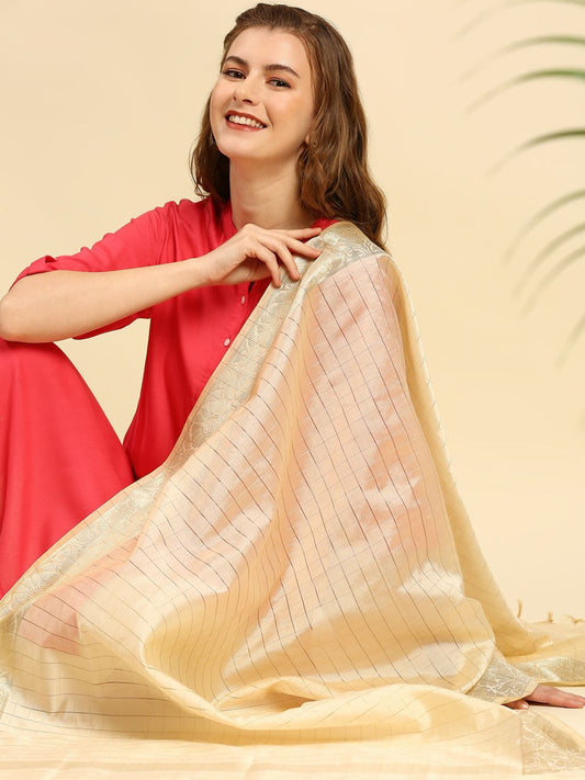 Cream Checked Banarasi Silk Dupatta