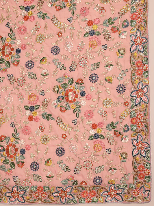 Multicoloured Floral Heavily Embroidered Blush Pink Georgette Dupatta