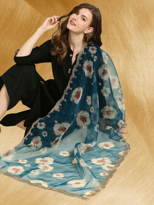 Printed Rama Green Organza Dupatta with Embellished border