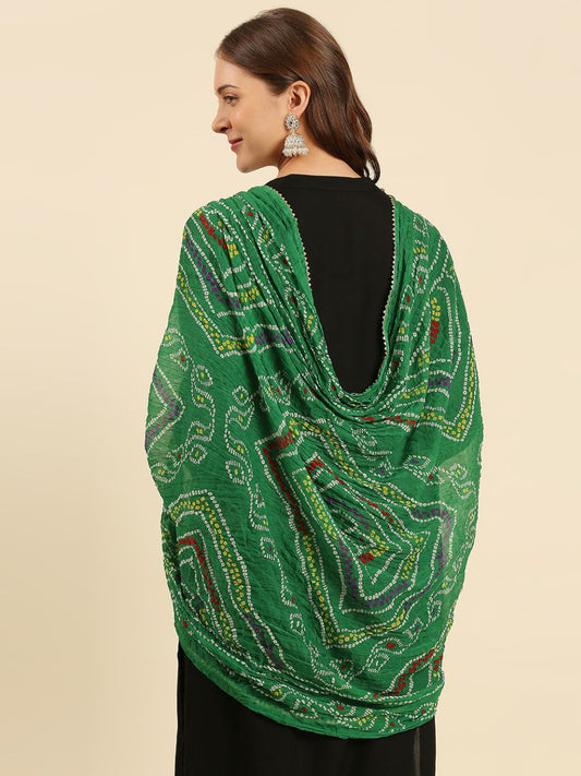 Multi Printed Green Bandhini Chiffon Dupatta