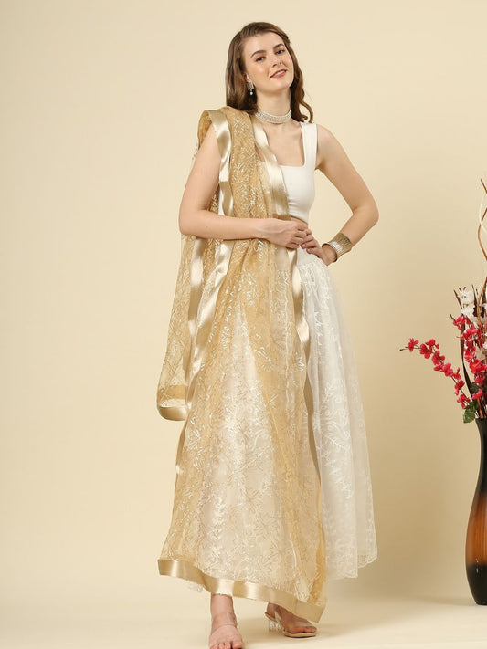 Embroidered Gold Net Dupatta with Satin Border