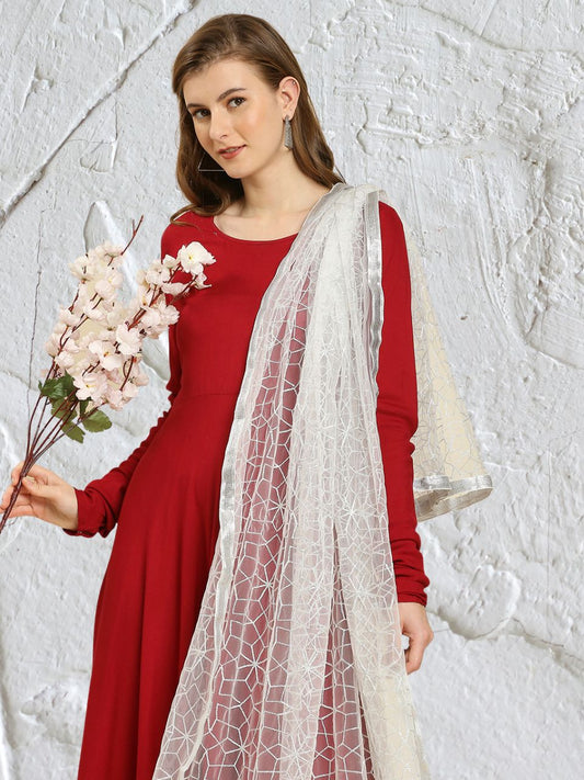 Embroidered Silver Net Dupatta