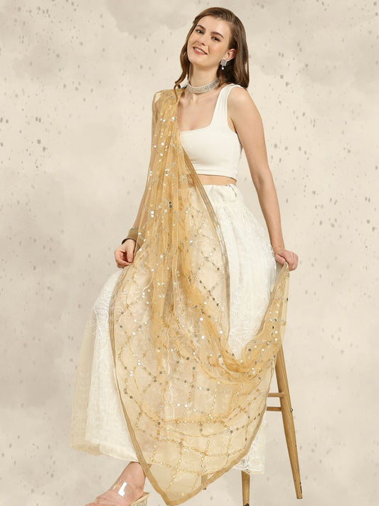 Gold Net Embroidered & Sequined Dupatta