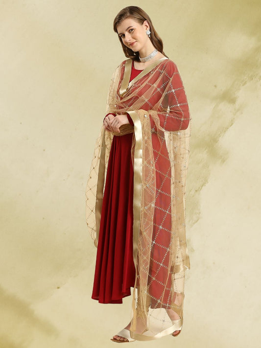 Embroidered Gold Net Dupatta with Satin Border