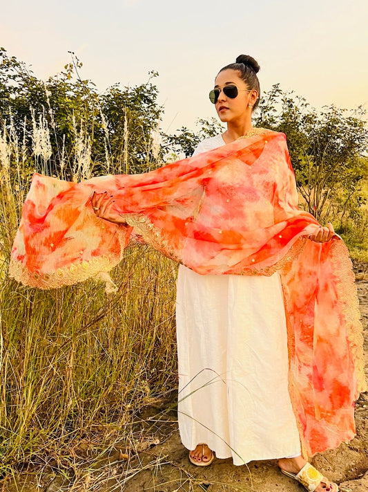 Red Multicolour Printed Organza Dupatta with Embellished Cutwork border