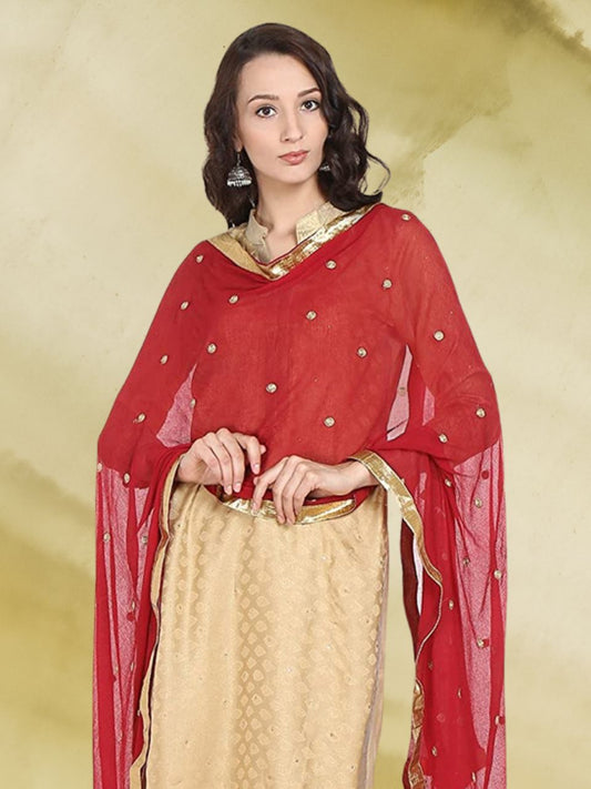 Maroon Embroidered Chiffon Dupatta