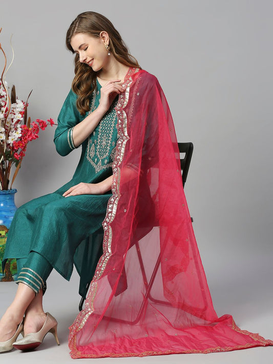 Rani Pink Organza Dupatta with Sequins work & Scalloped Border