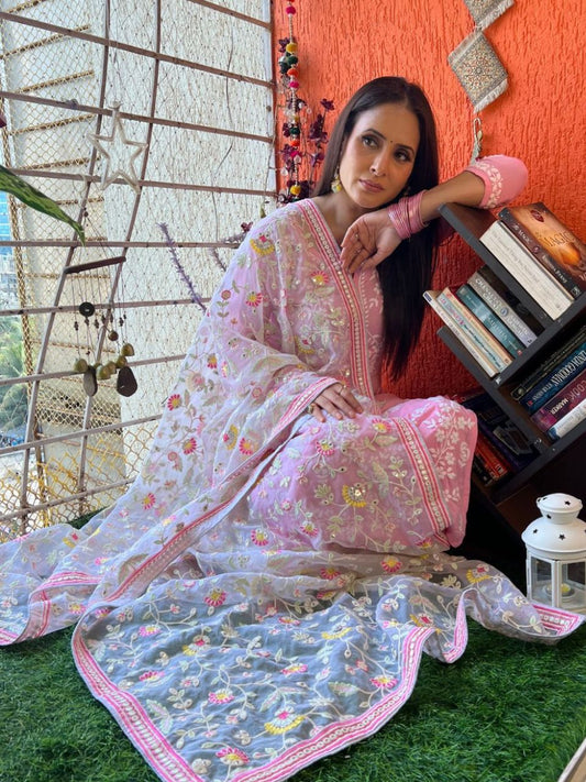White & Pink Organza Dupatta with Heavy Embroidery & Mirror Work