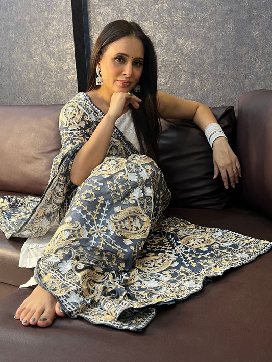 Grey Kashmiri Embroidery Dupatta